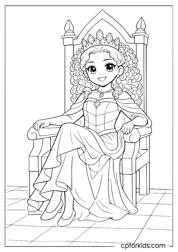 Black princess seated on a grand throne wearing a crown