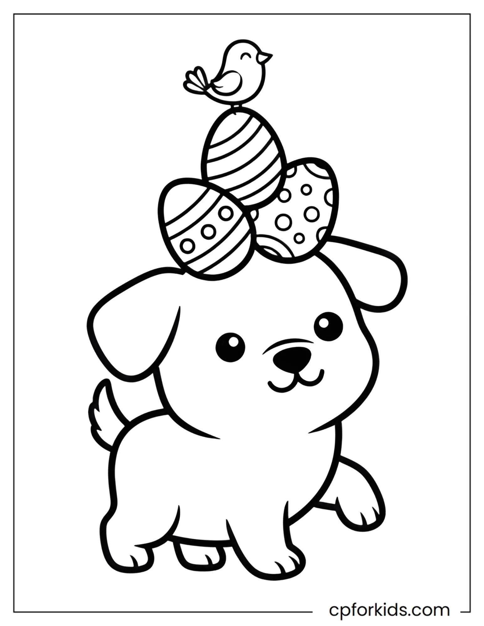 Cartoon dog balancing eggs beside a small bird