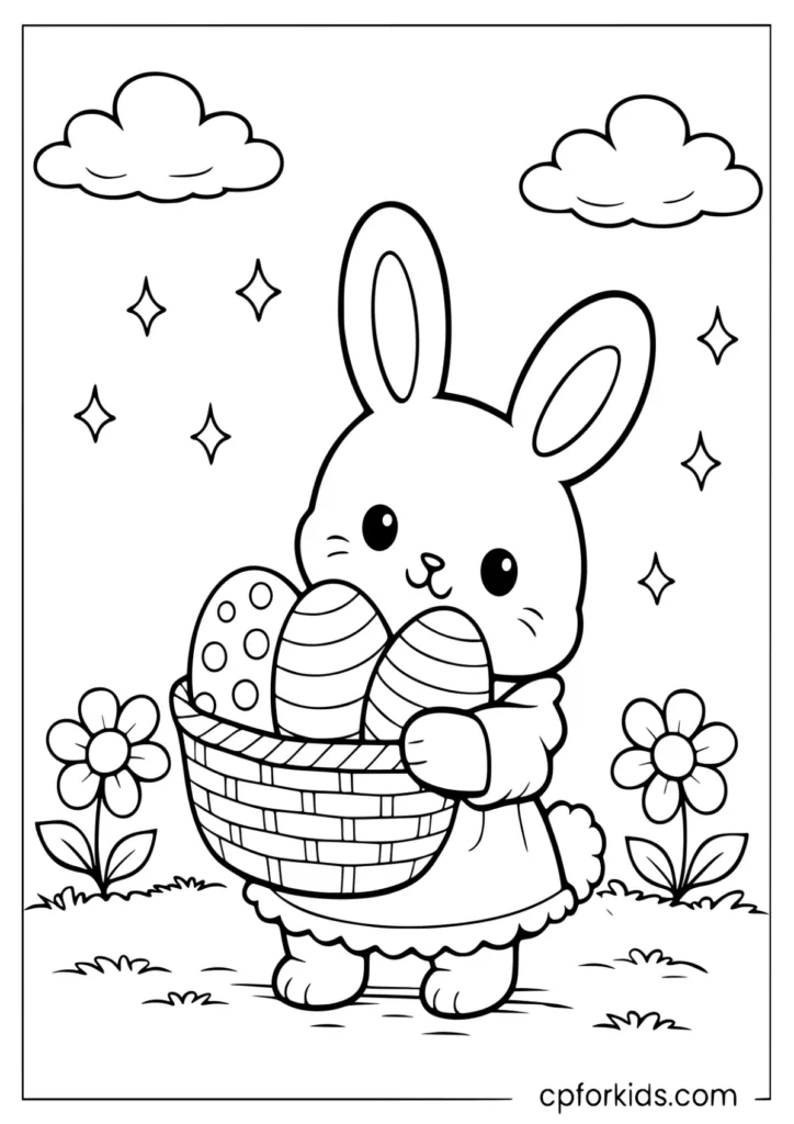 Cartoon Rabbit Coloring Page Hugging a Basket Of Easter Eggs