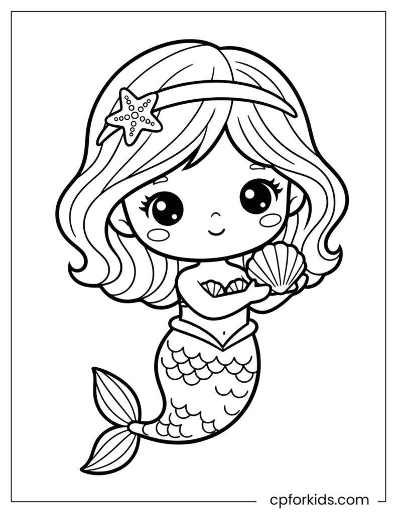 Cute chibi-style mermaid princess with big eyes, a tiny crown, and a small seashell in her hand.
