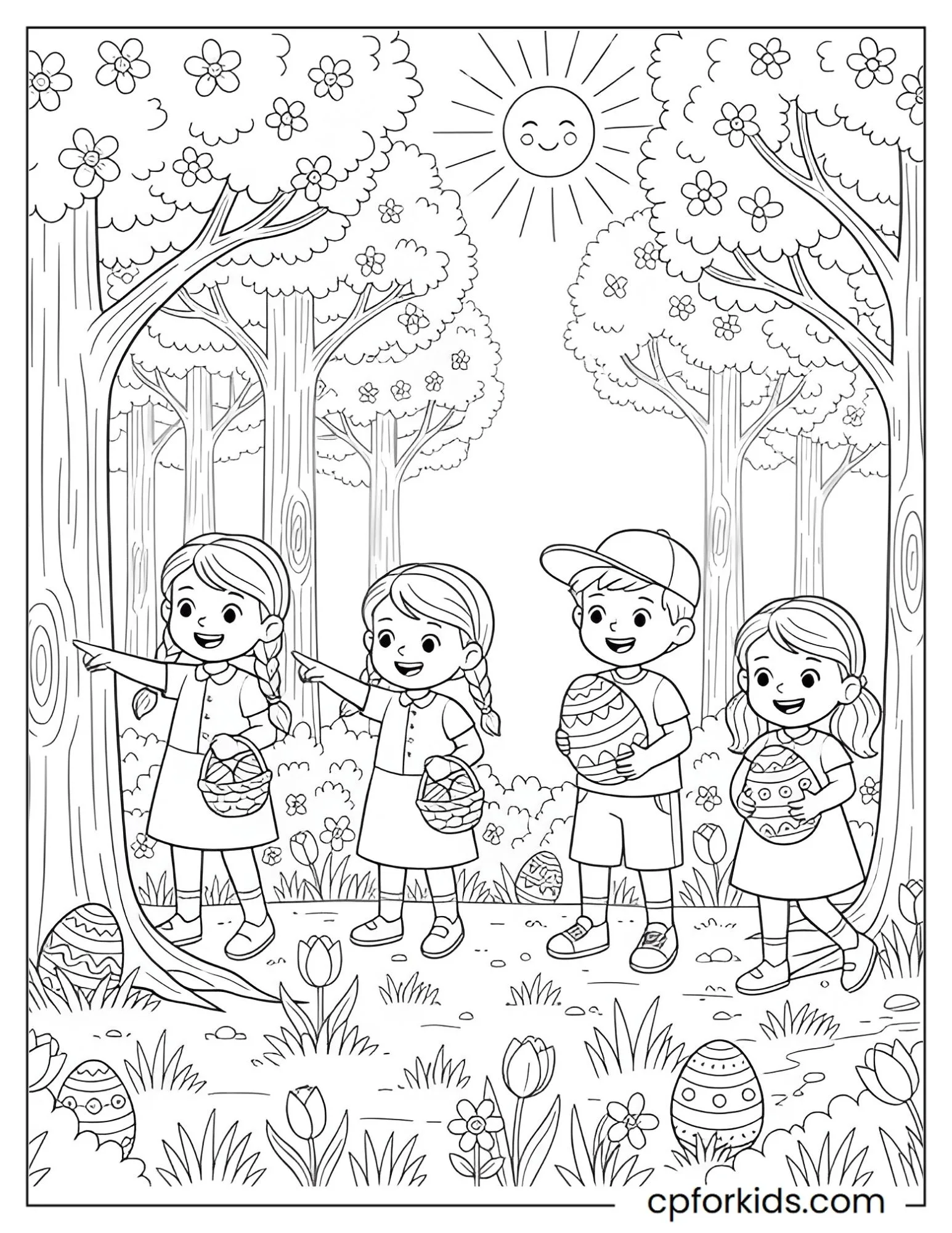 Children searching a forest for hidden Easter eggs