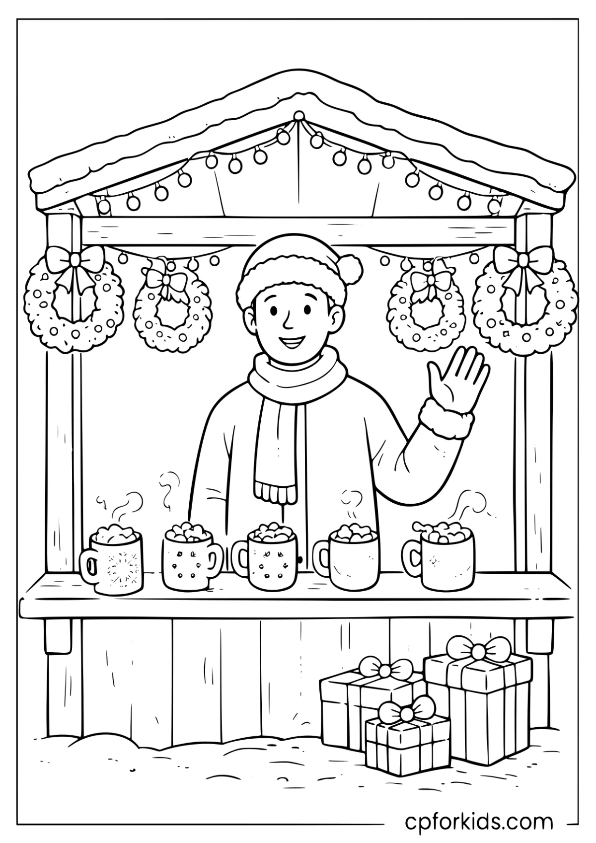 Christmas market stall with wreaths and hot cocoa
