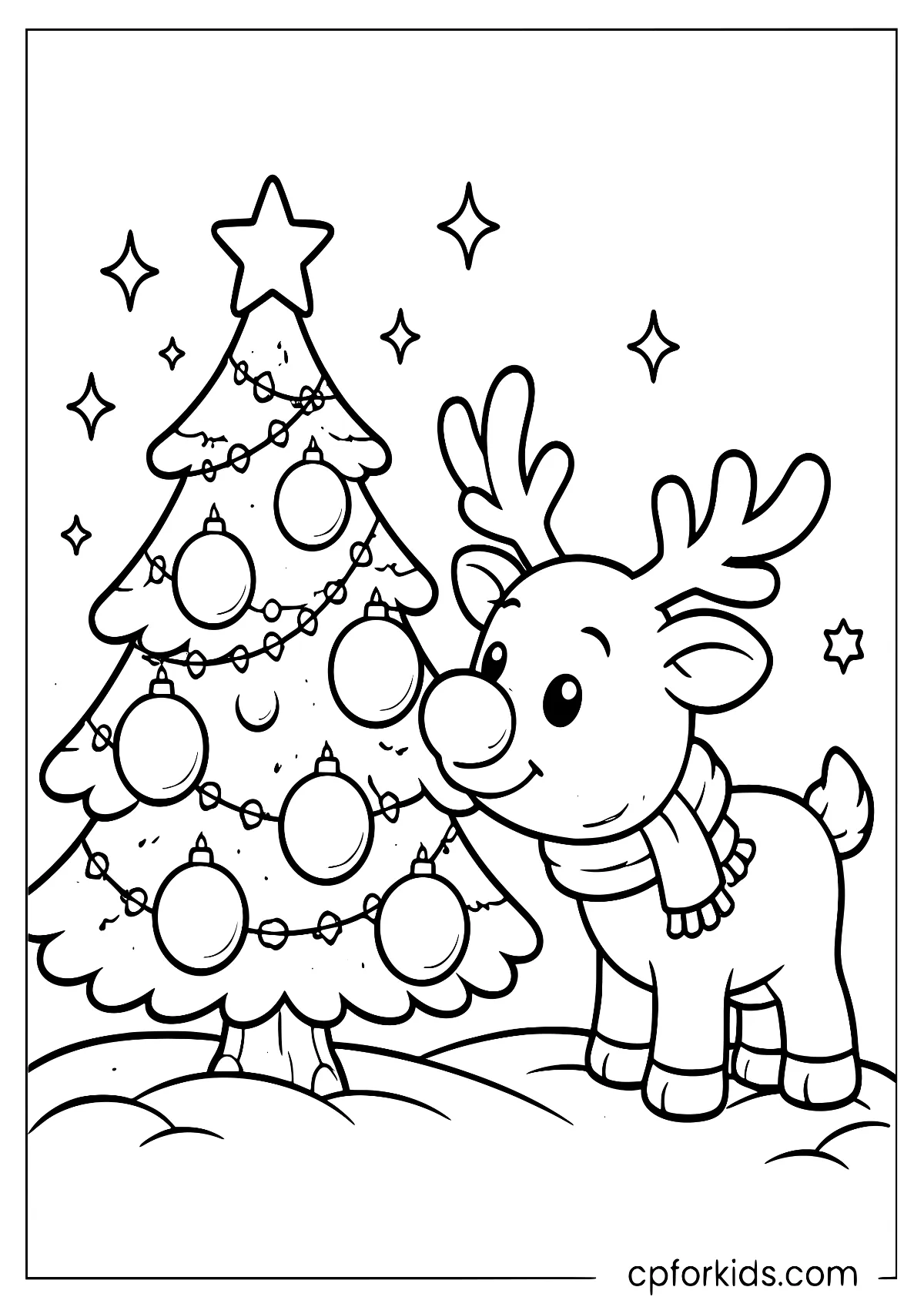 Reindeer sniffing a decorated Christmas tree