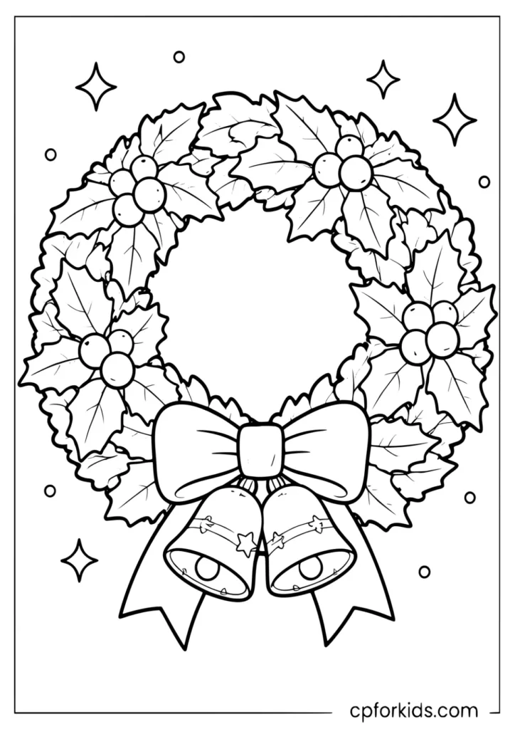 Christmas wreath coloring page with holly leaves, berries, and a big bow with bells