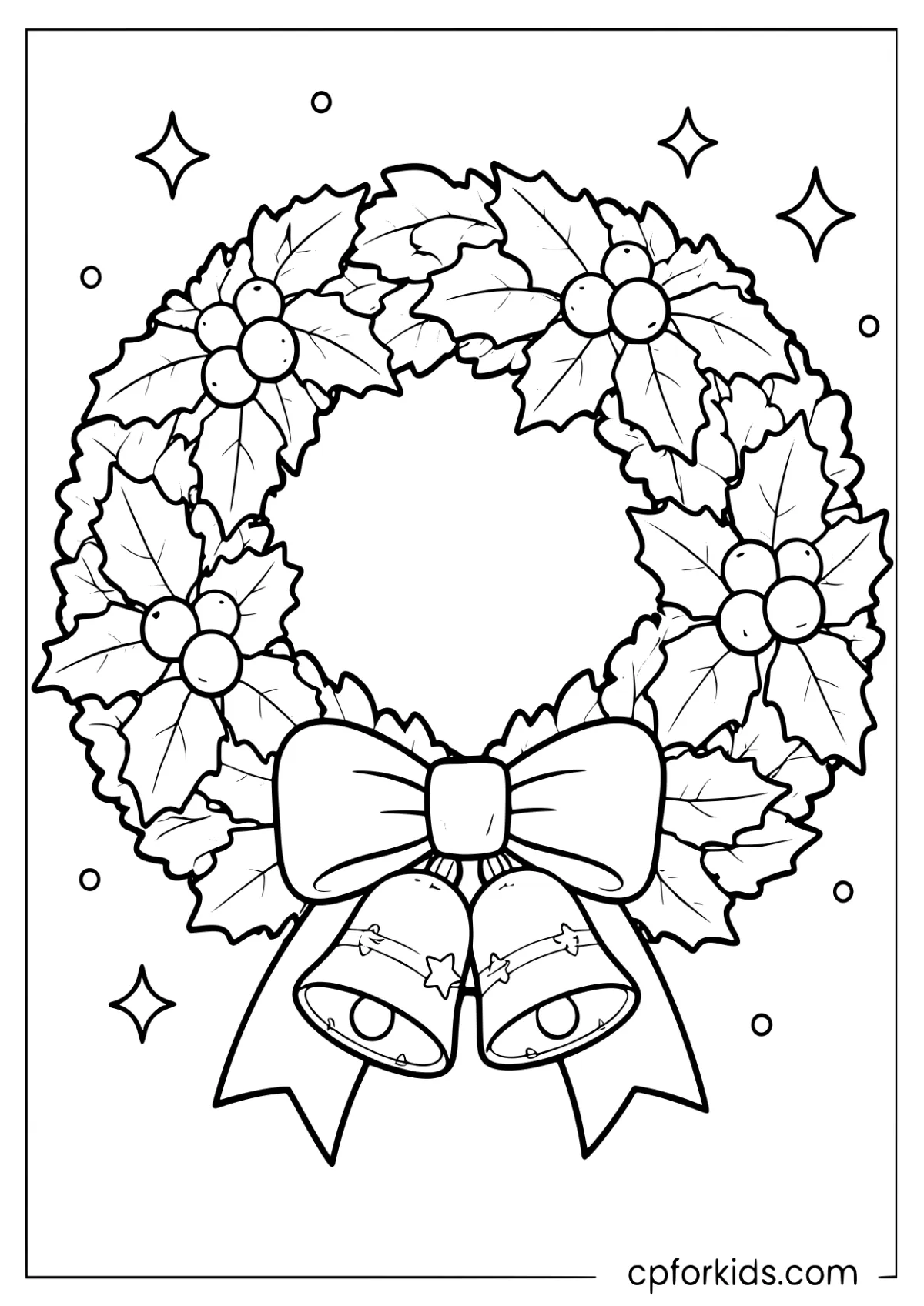 Christmas wreath with holly, berries, bow and bells