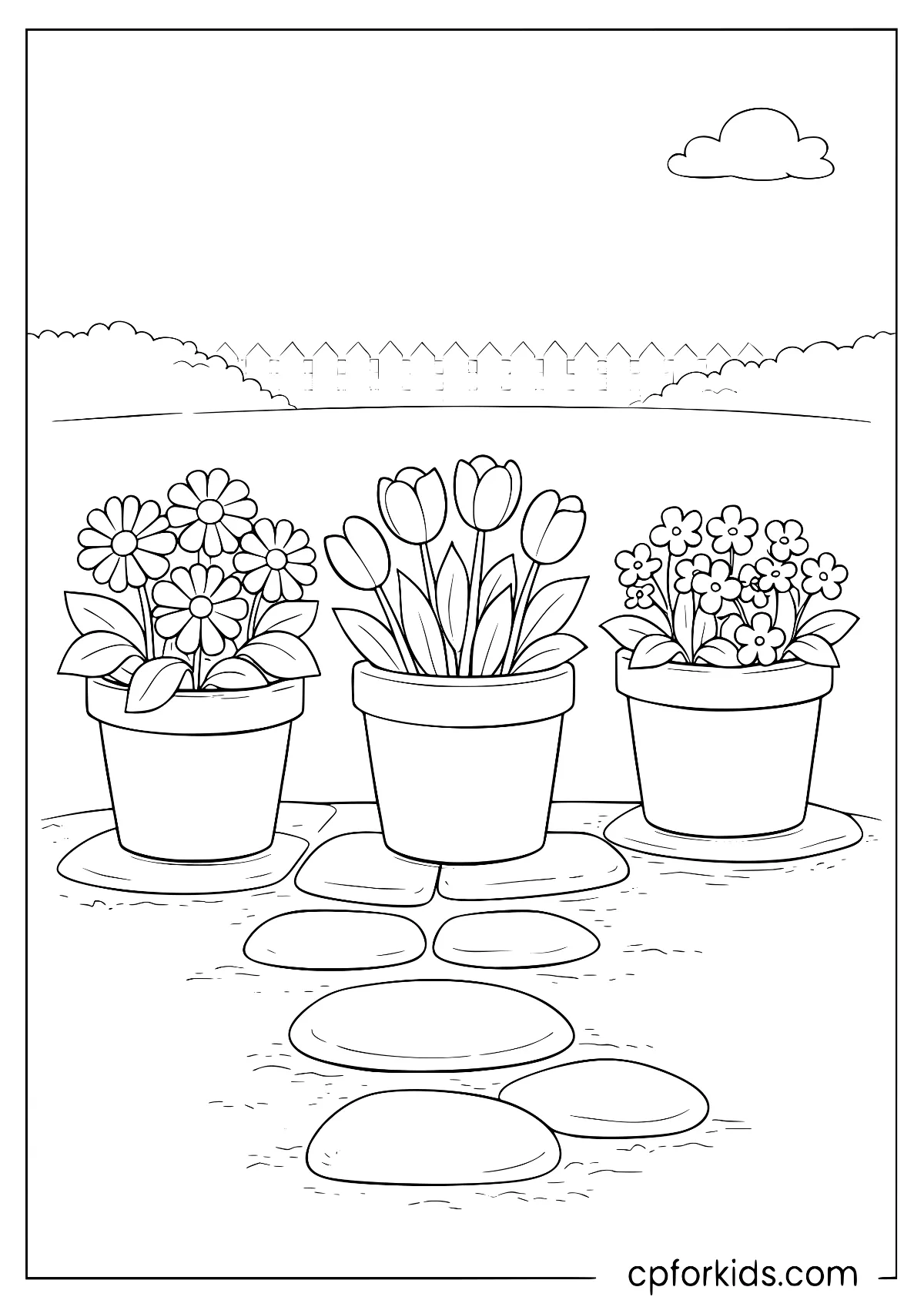 Three flower pots beside a stone path