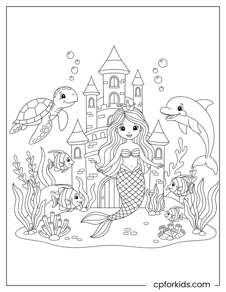 Elegant mermaid princess in front of a coral castle, line-art to color, with friendly sea animals.