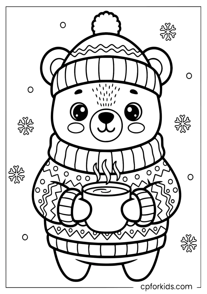 Cozy bear drinking hot cocoa winter coloring page for kids