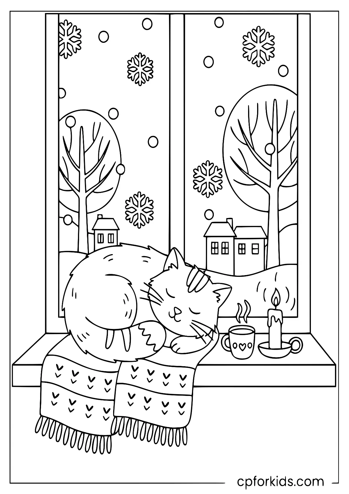 Cat sitting on a snowy windowsill