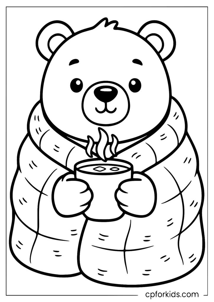 Cute bear wrapped in a warm blanket winter coloring page