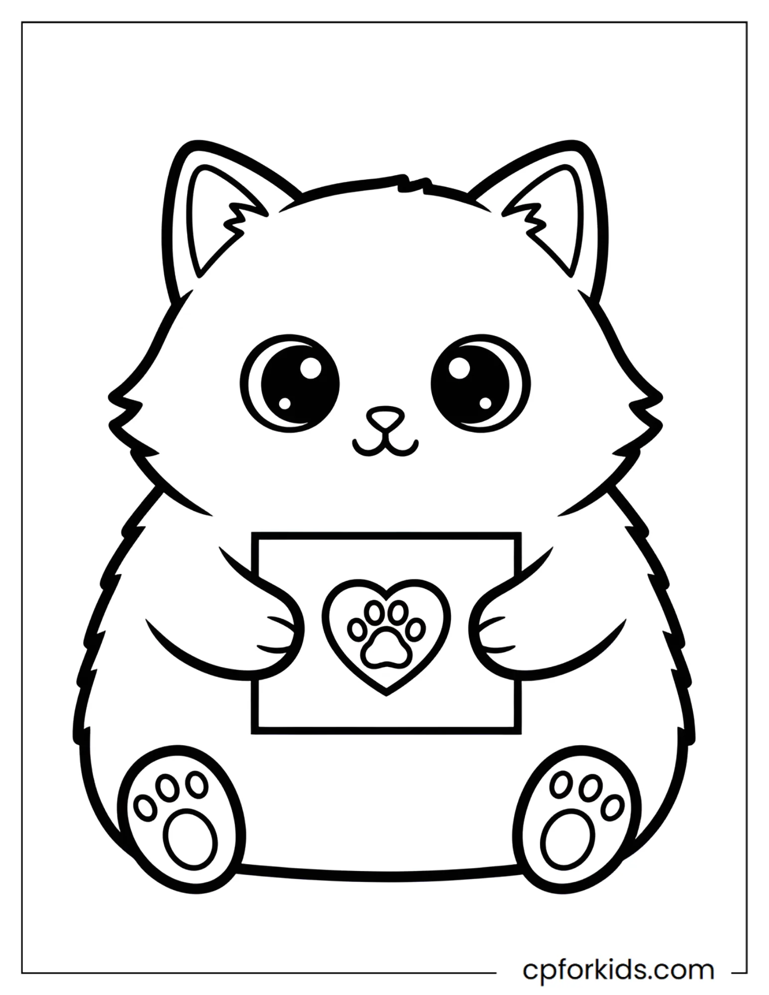 Cat sitting upright holding a heart card