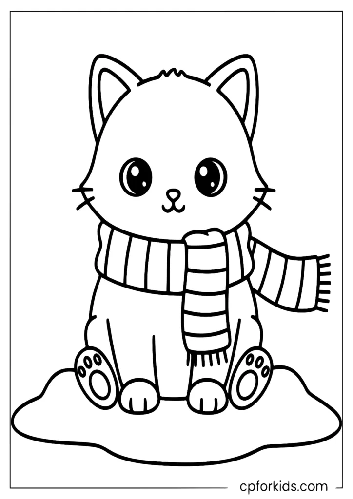 Cute kitten wearing a scarf sitting in the snow winter coloring page