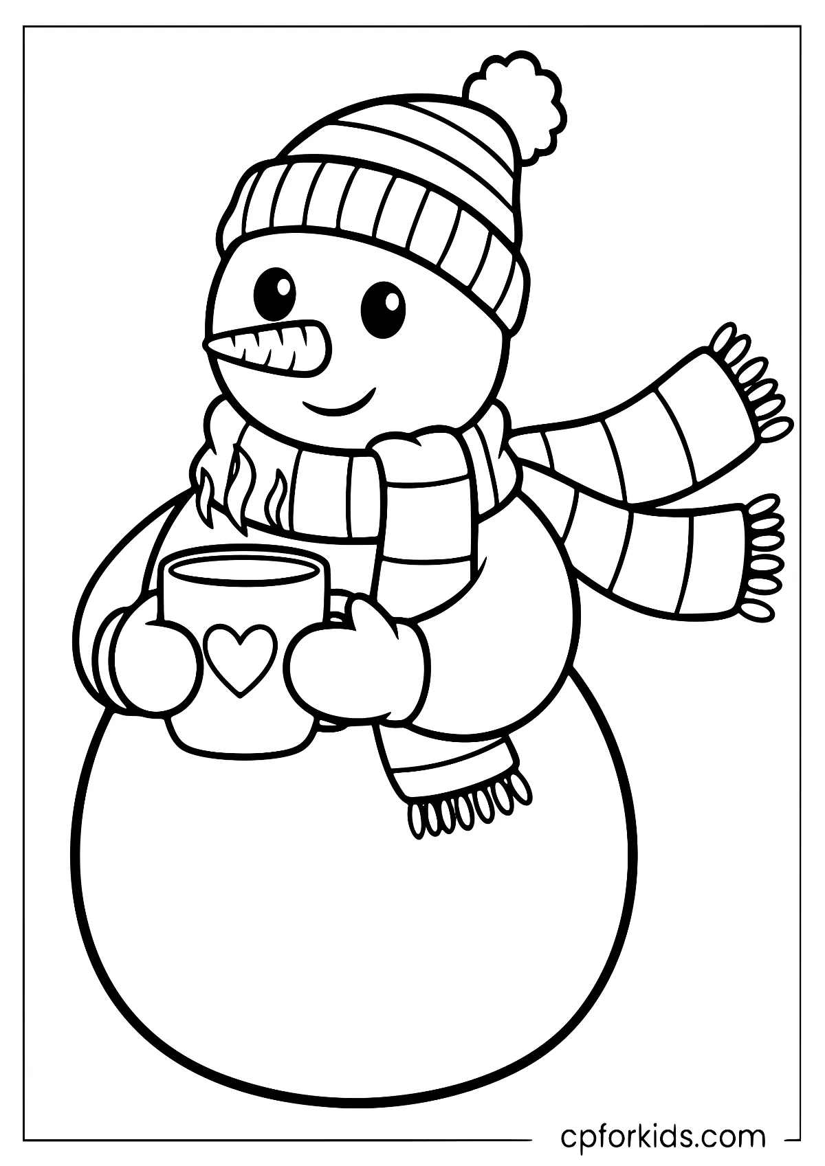 Snowman holding a steaming mug