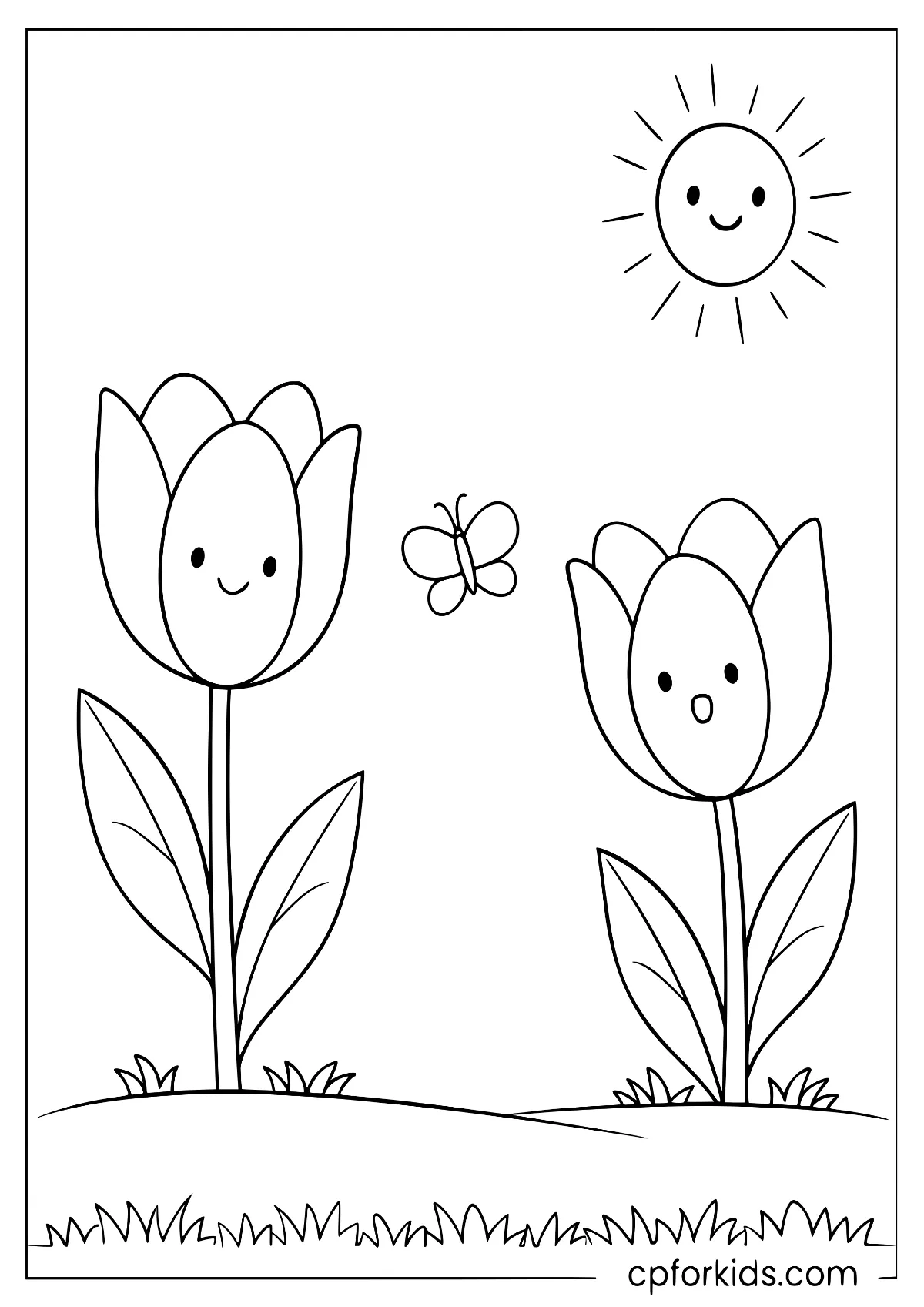 Two smiling tulips with a sun and butterfly