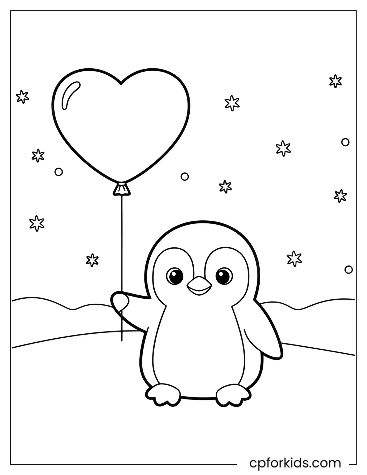 Penguin standing and holding a heart balloon