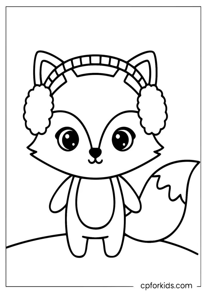 Cute winter fox wearing earmuffs coloring page