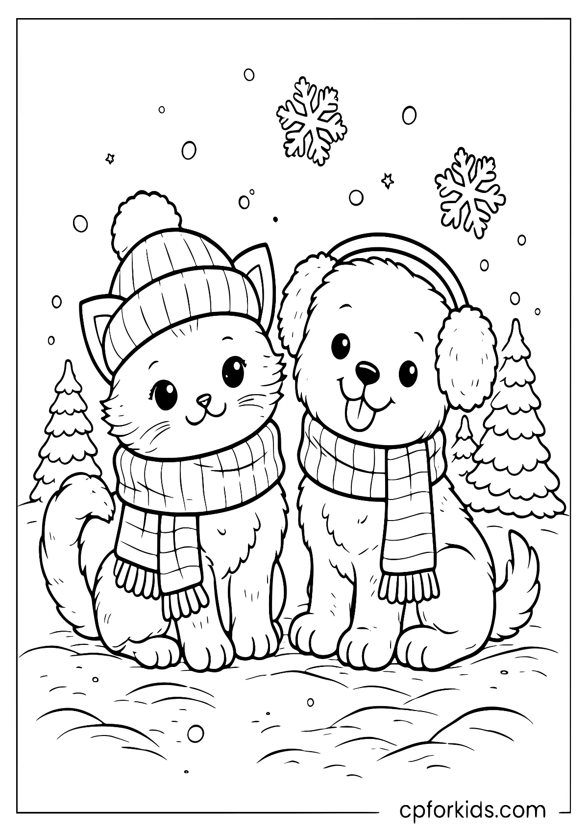 Kitten and puppy sitting together in winter