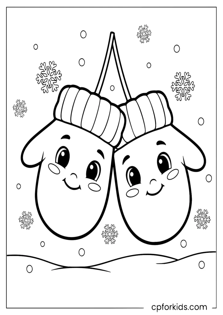 Cute winter mittens with faces close-up coloring page