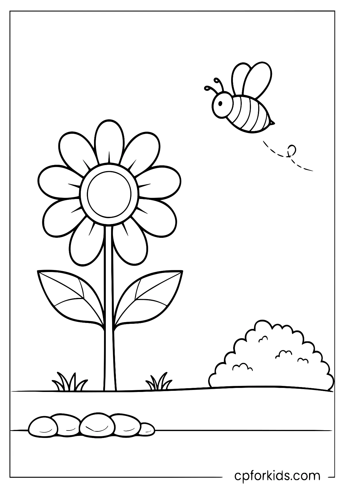 Bee flying above a flower beside rocks