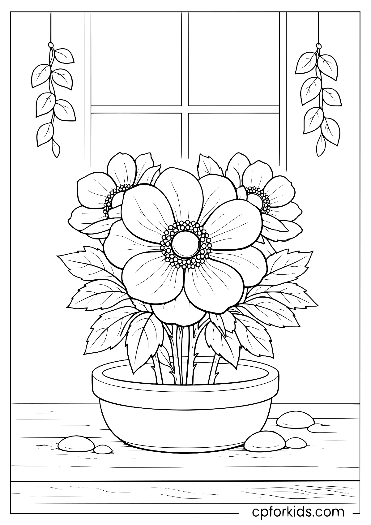Three flowers in a pot below a window