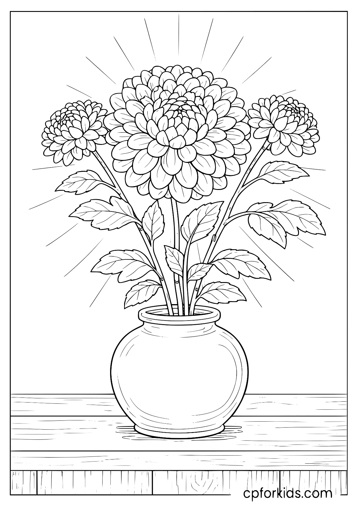 Three many-petalled flower heads in a pot
