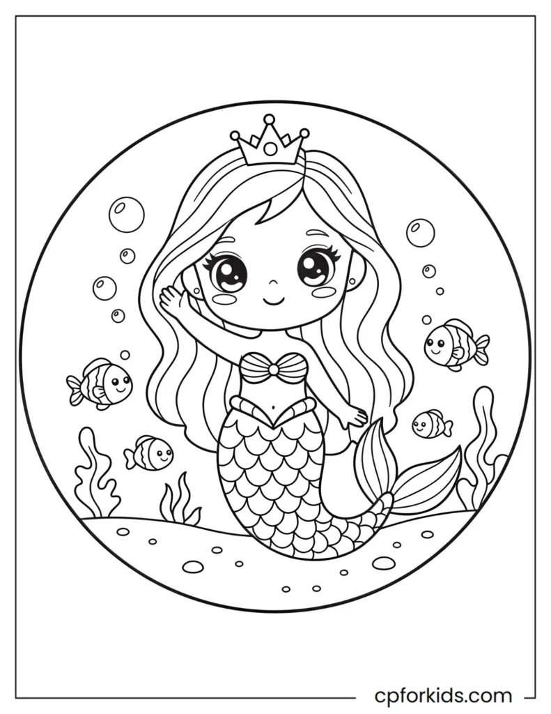 Simple mermaid princess with a tiny tiara waving happily in a beginner-friendly preschool coloring design.