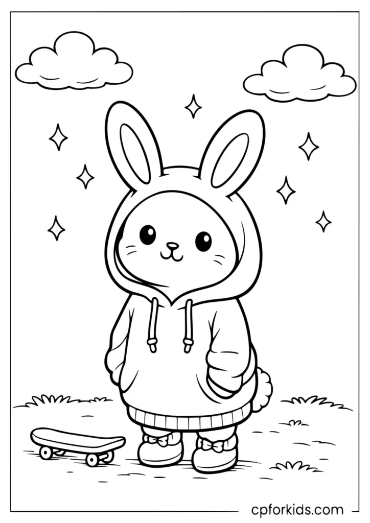 Easy Rabbit Coloring Page Wearing a Hoodie for Kids
