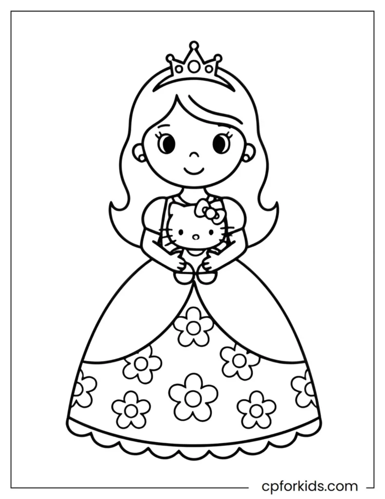 Simple and easy royal princess coloring sheet for kids, holding a Hello Kitty toy.