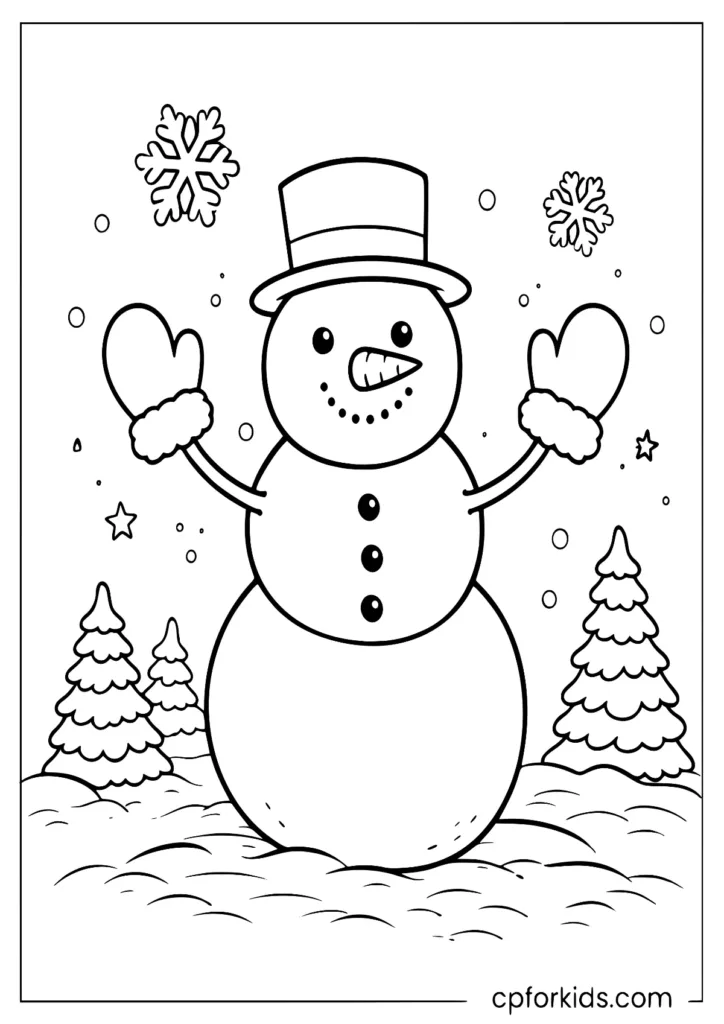 Easy snowman wearing mittens simple winter coloring page