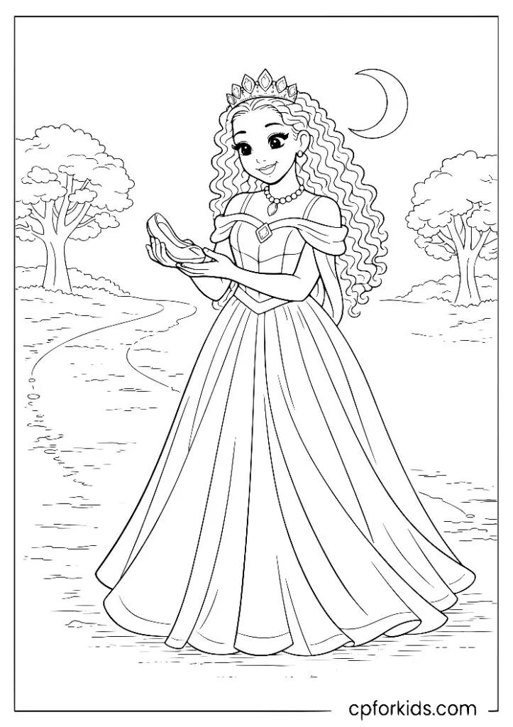 Black princess holding a glass slipper on a moonlit path