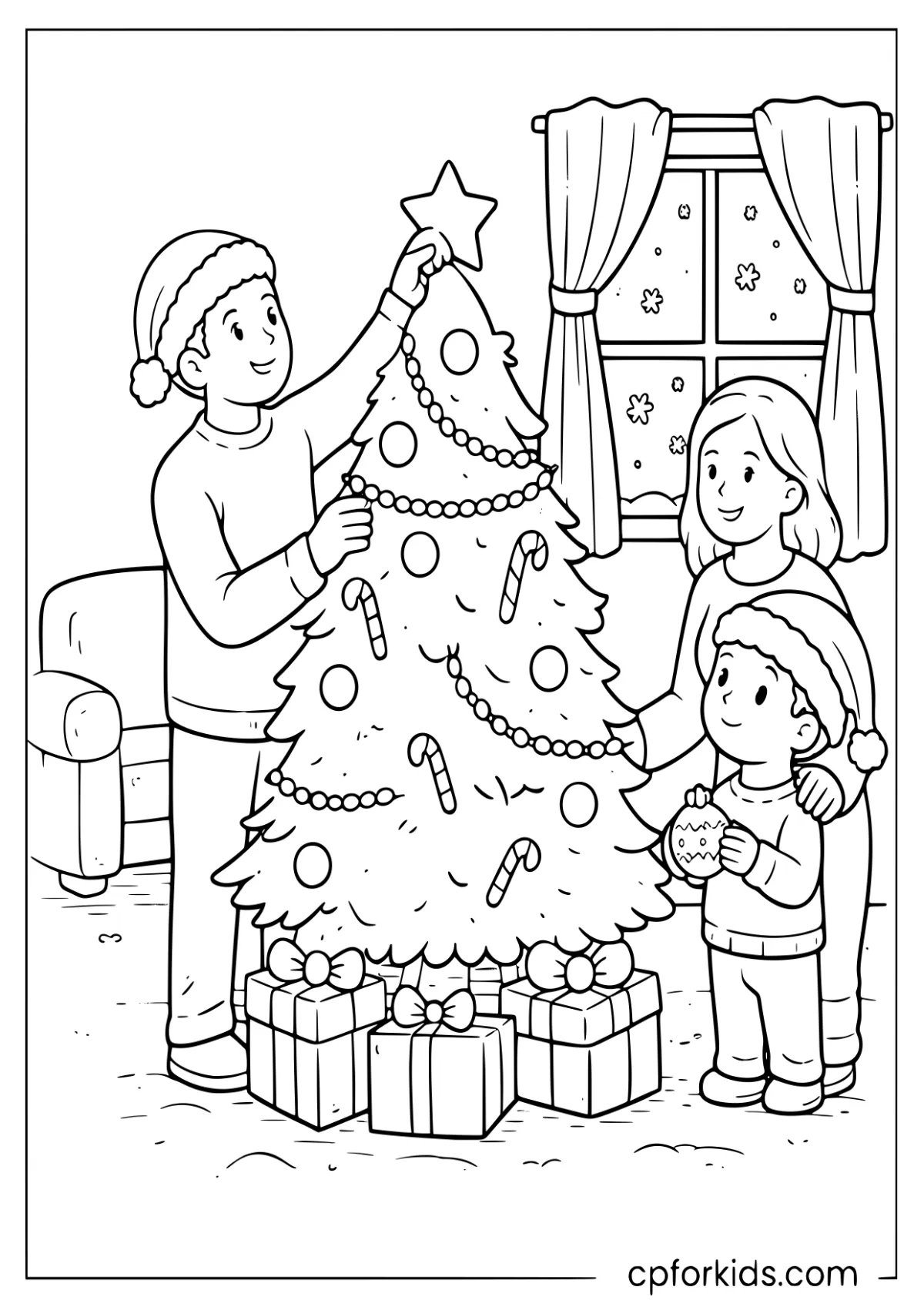 Family decorating a Christmas tree in a cozy living room