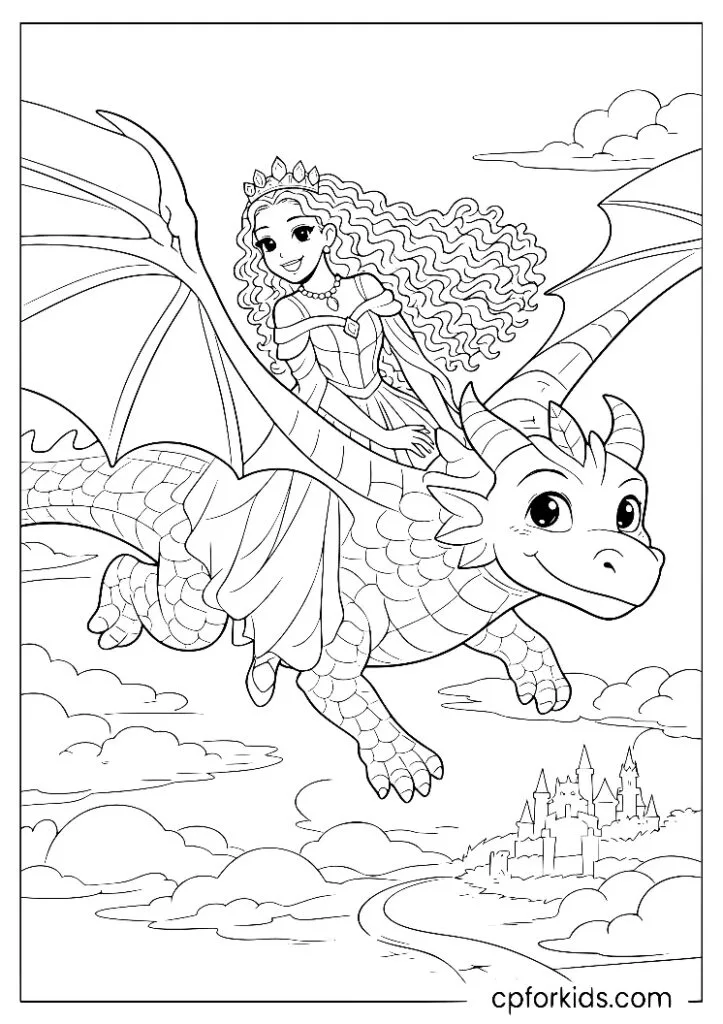 Black princess riding a dragon with its wings spread wide
