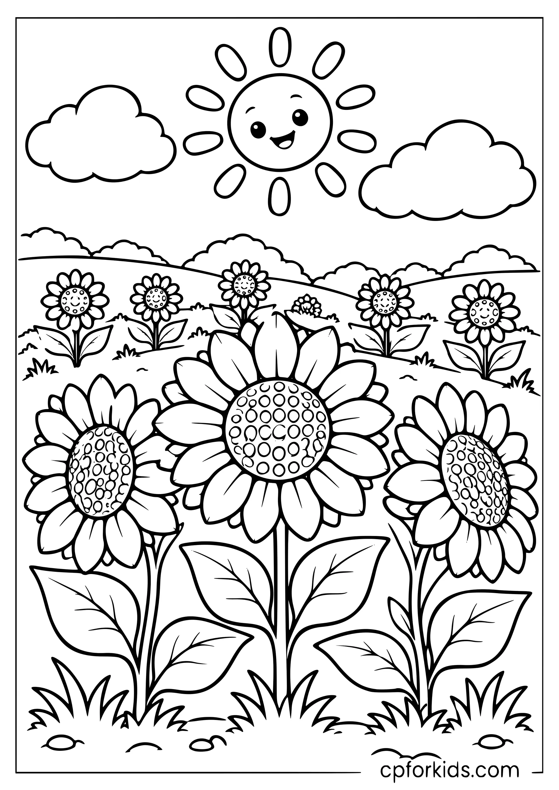 Rows of sunflowers growing beneath a sun and clouds