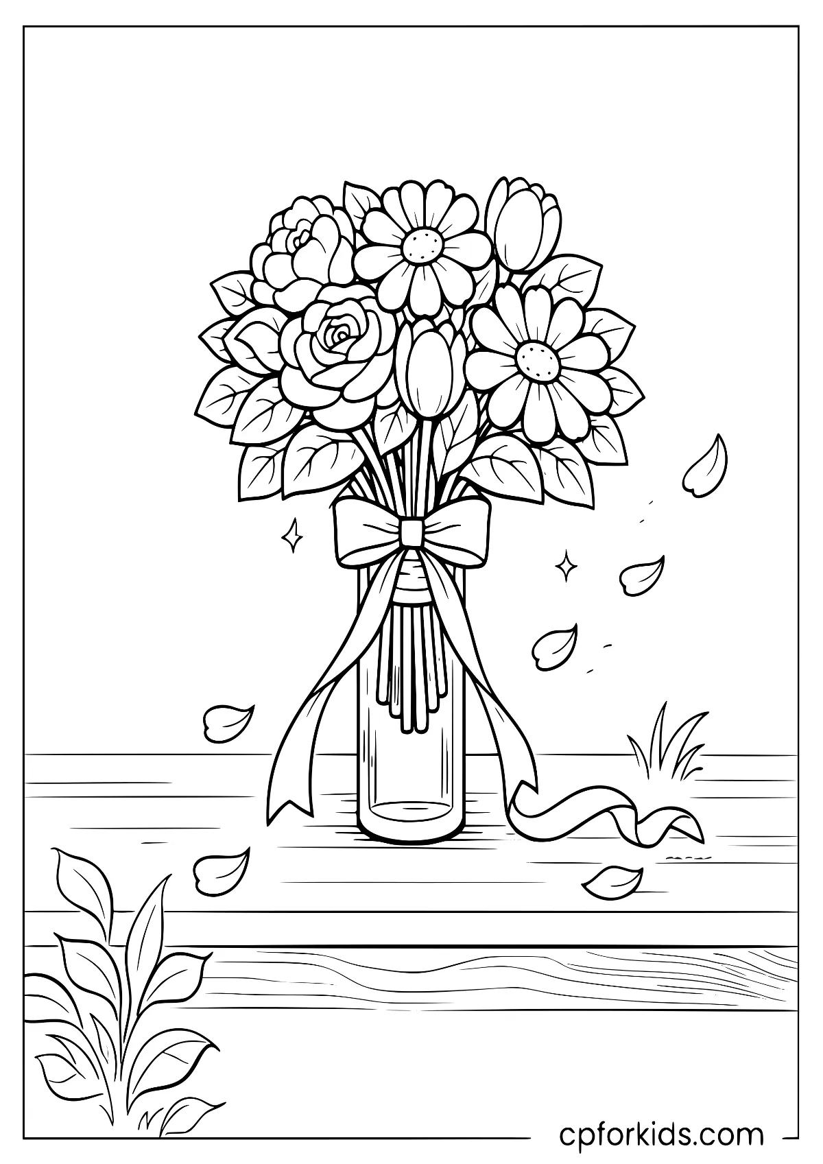 Tied bouquet in a glass jar with petals