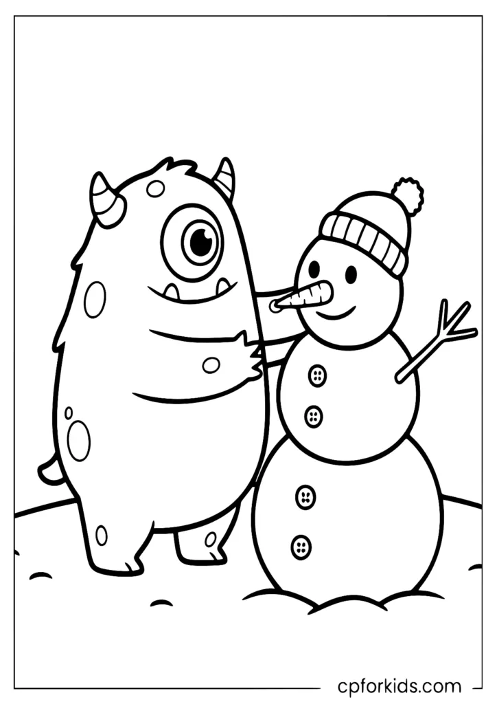 Funny winter monster building a snowman coloring page