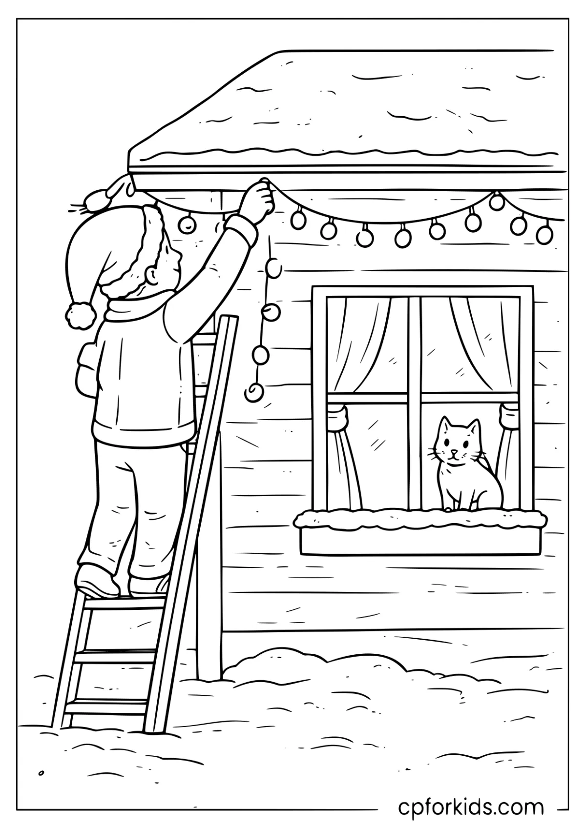 Hanging Christmas lights on a house with a ladder