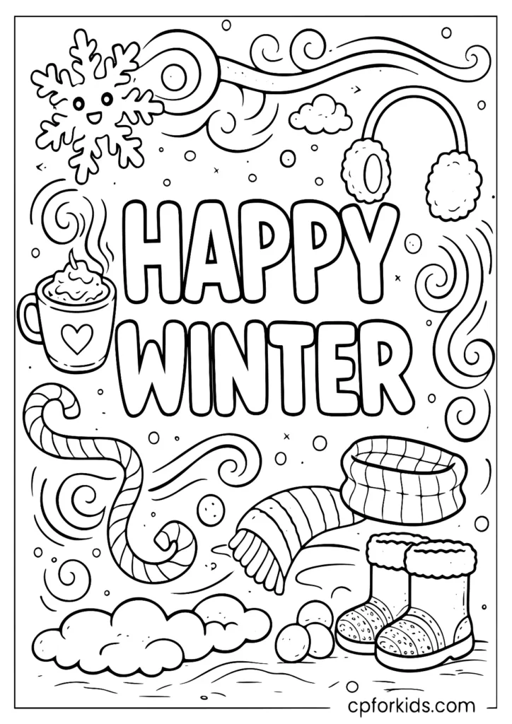 Happy winter word art doodle coloring page