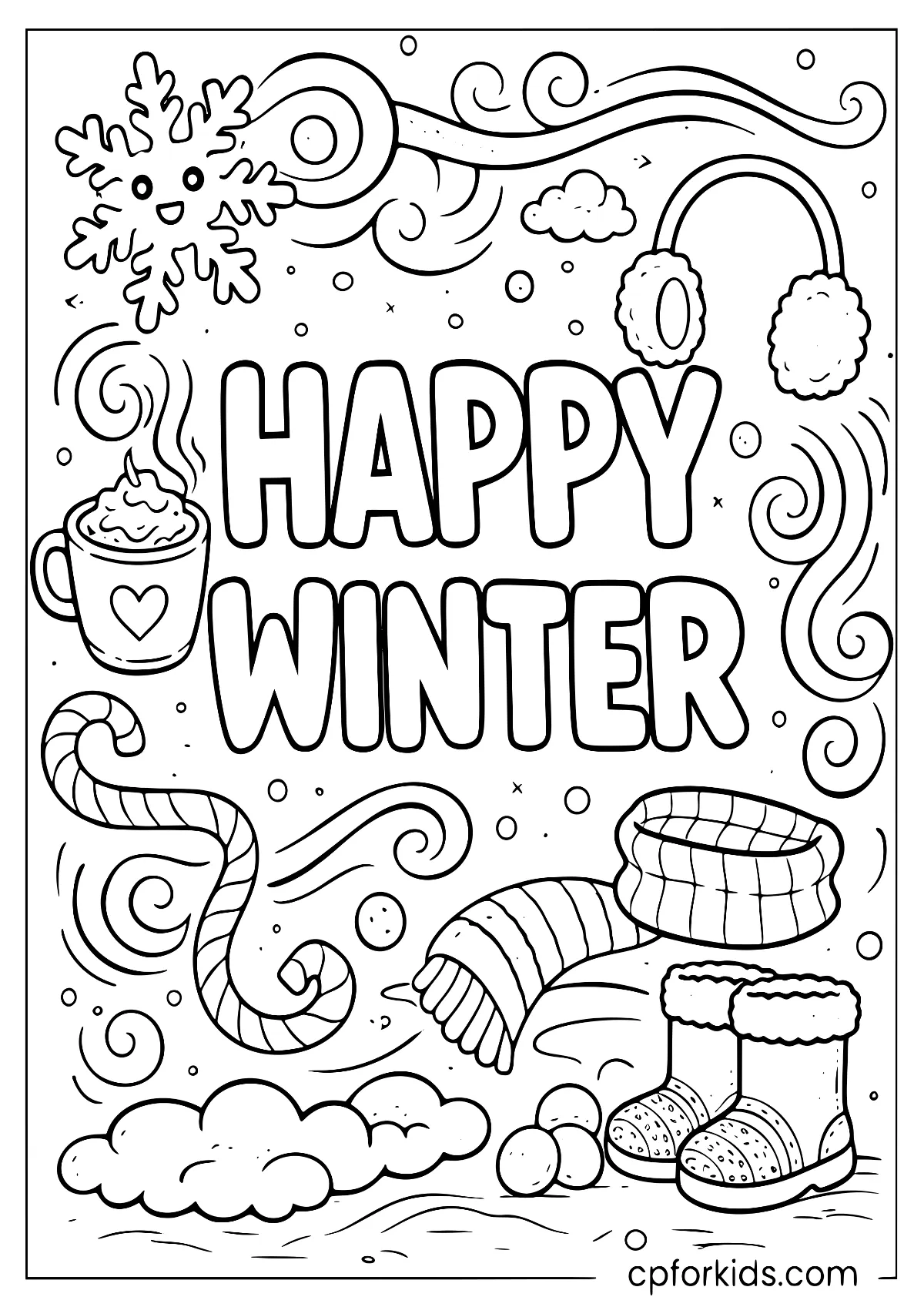 "Happy Winter" lettering with seasonal doodles