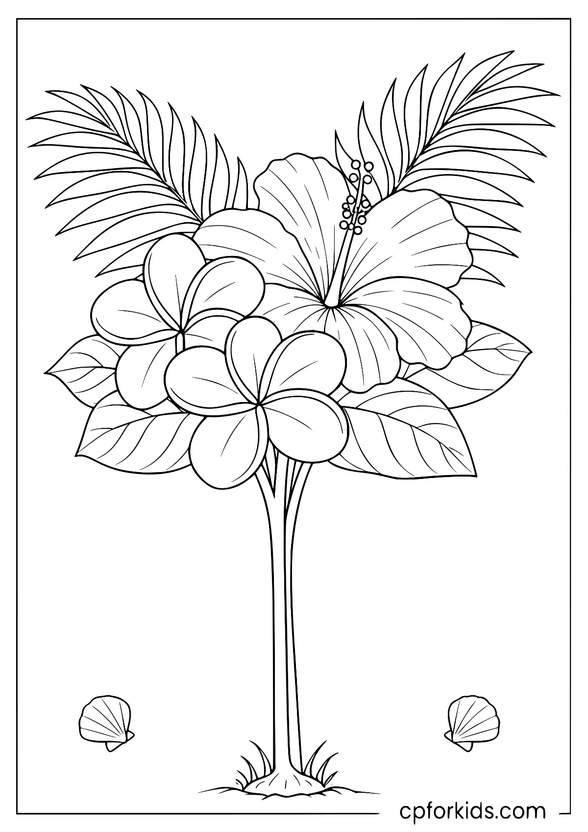 Plumeria and hibiscus blooms among palm leaves