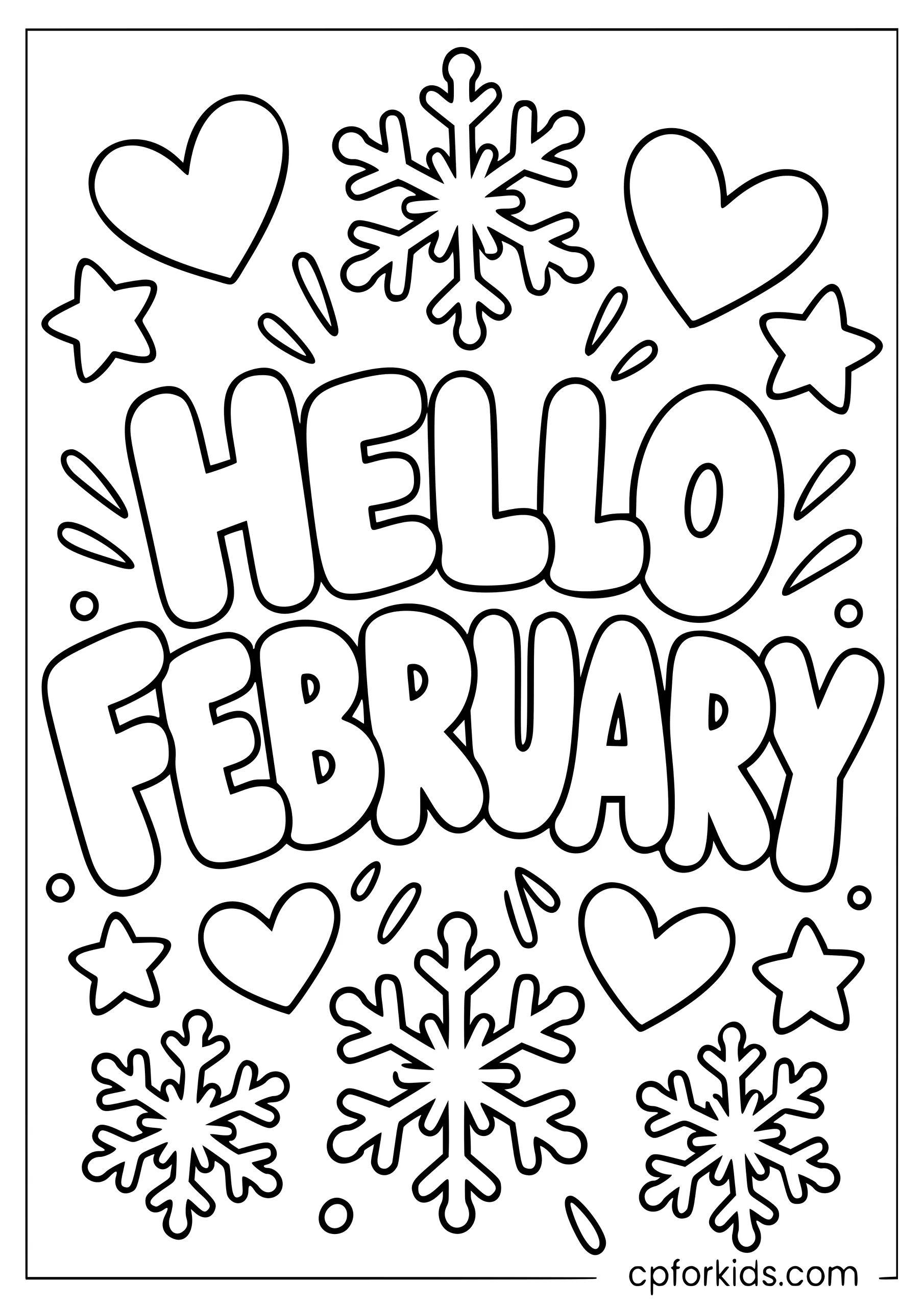 Hello February lettering with hearts and winter stars