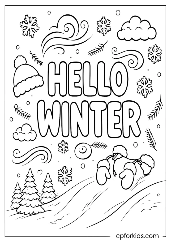 Hello winter word art doodle coloring page