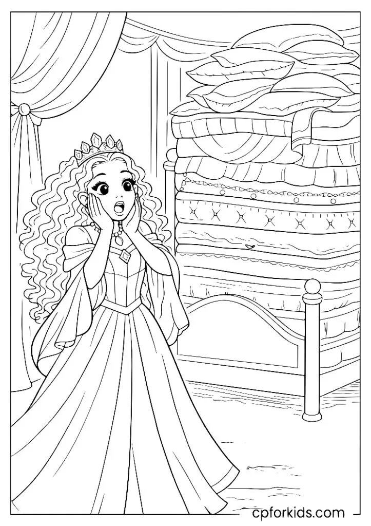Black princess standing next to a tall stack of mattresses in a fairytale scene