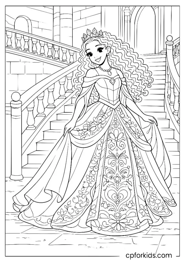 Black princess in a detailed ball gown standing on a castle staircase