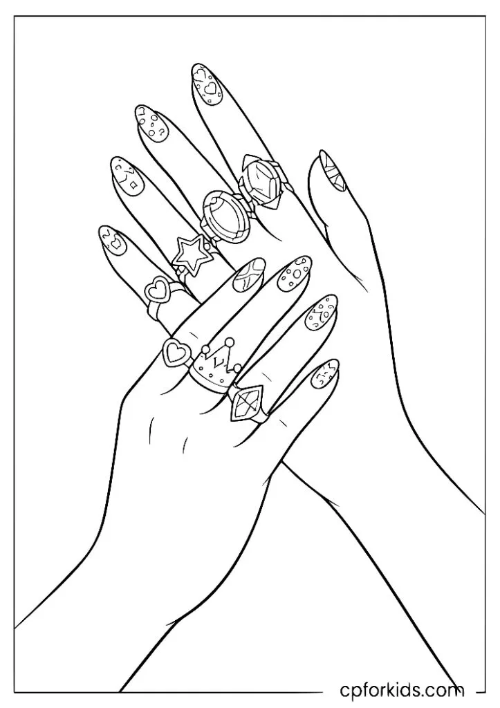 Close-up of a Black princess hand with ornate royal rings and detailed nail art