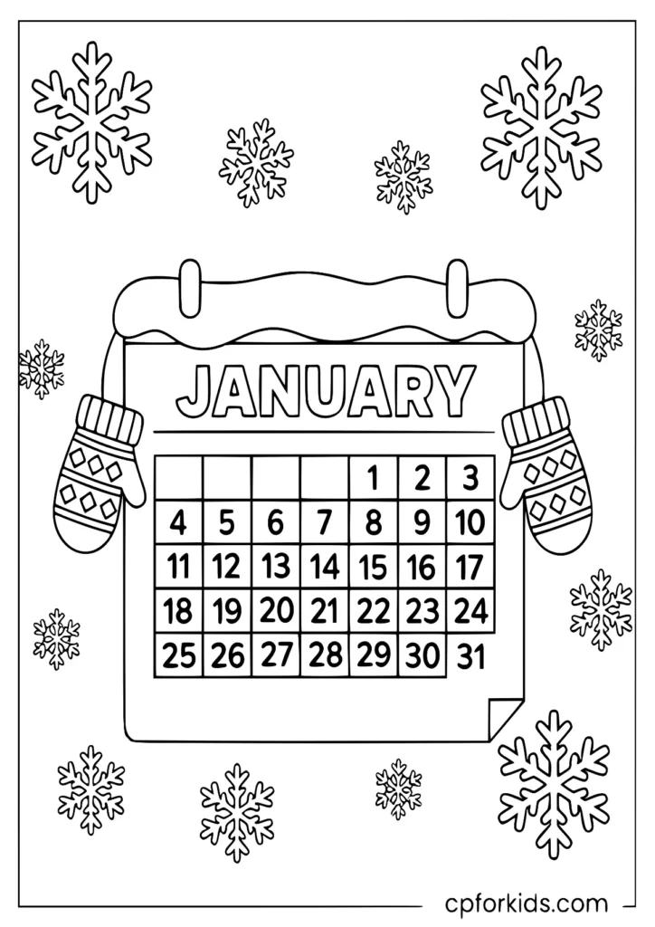 January winter theme coloring page with snowflakes and mittens