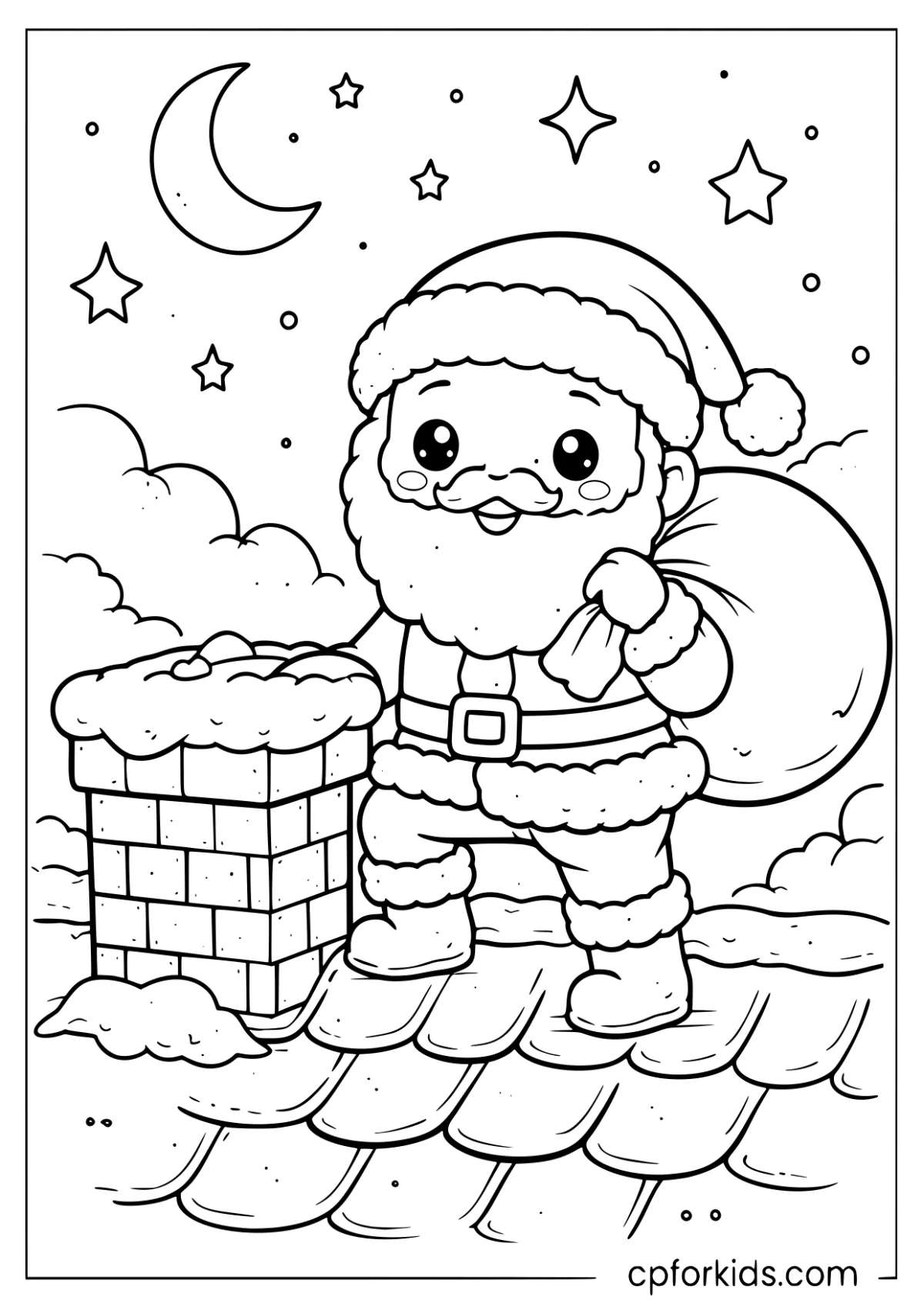 Santa landing on a snowy roof at night