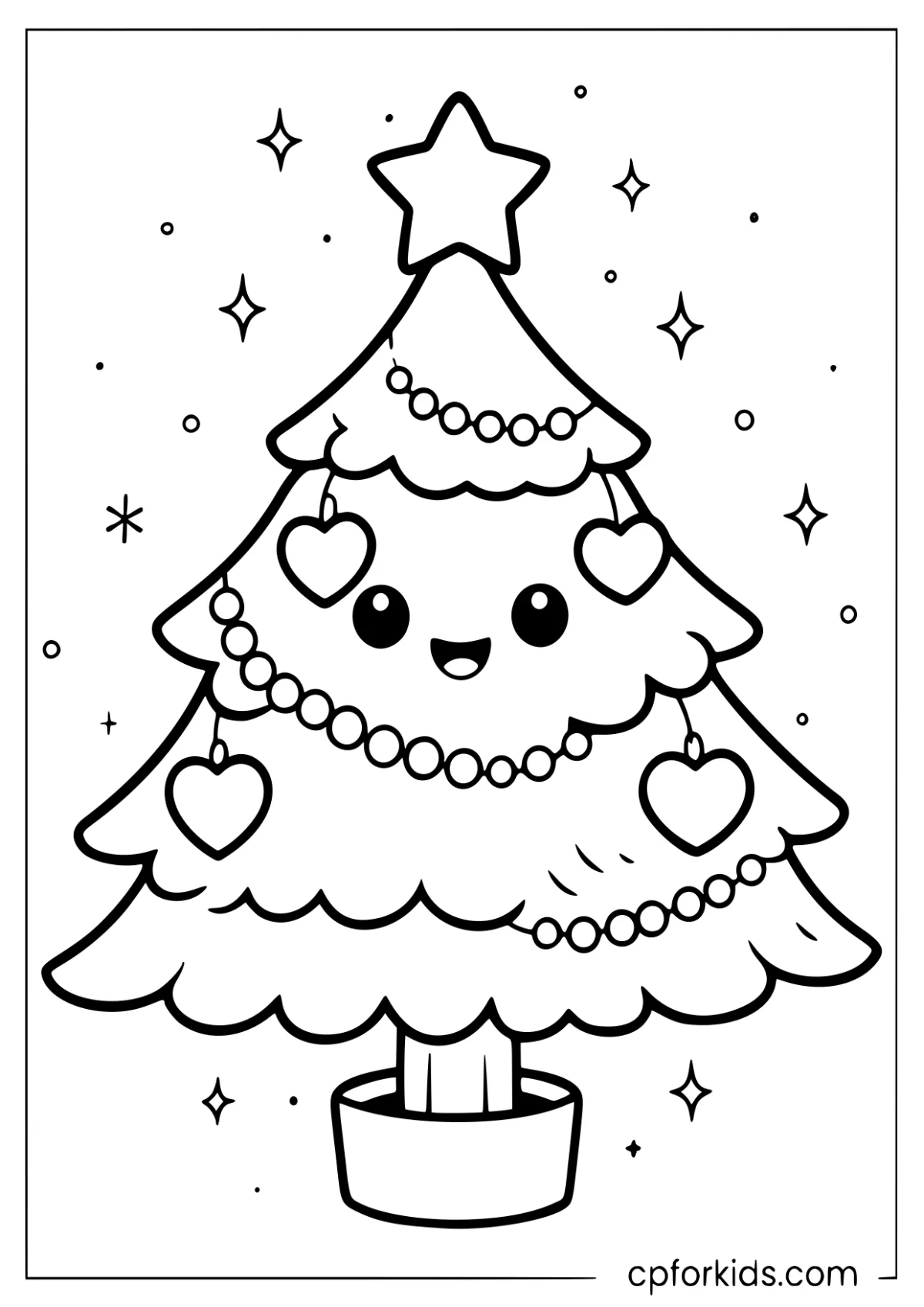 Kawaii Christmas tree decorated with hearts and sparkles