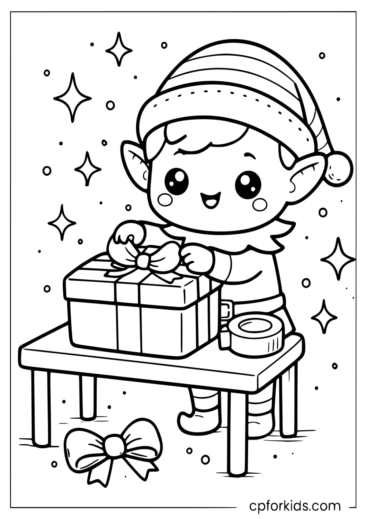 Kawaii elf wrapping a tiny present on a table