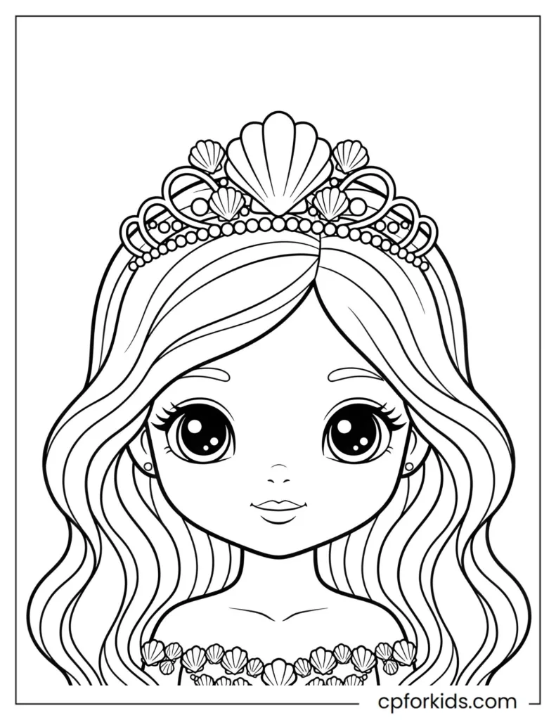 Kawaii mermaid princess close-up portrait with a seashell tiara and soft flowing hair.
