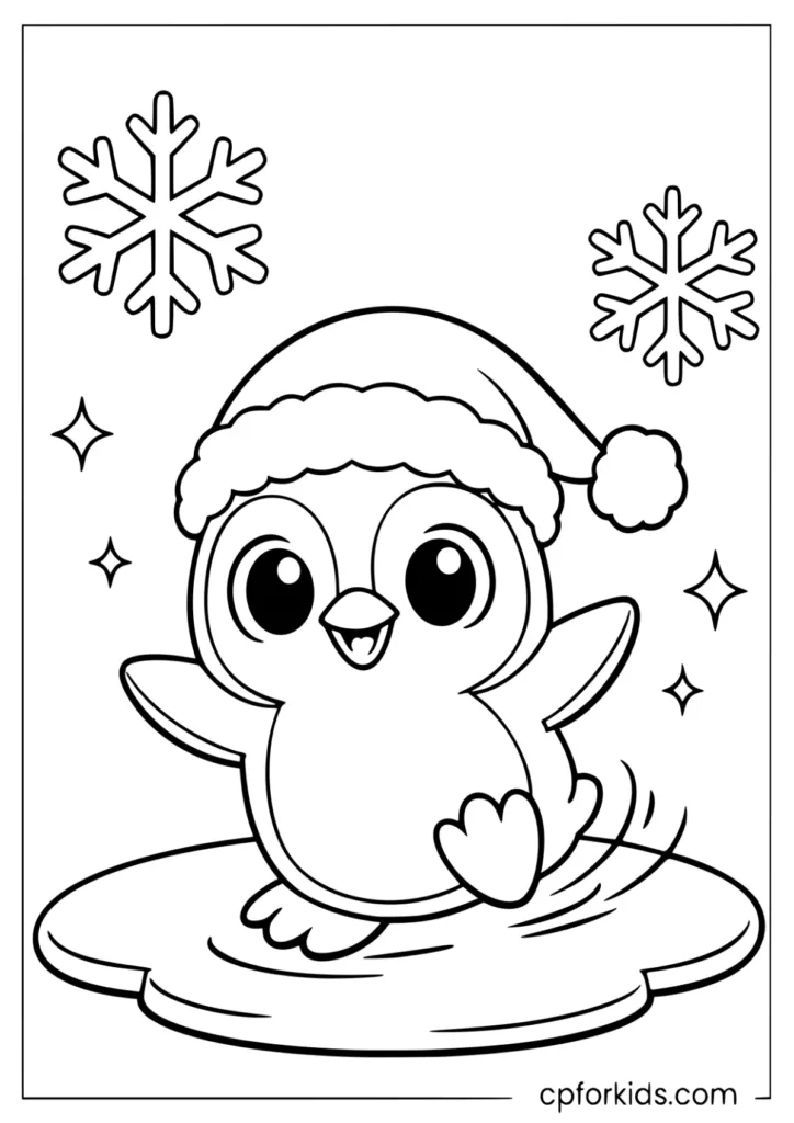 Kawaii penguin in santa hat sliding on ince coloring page